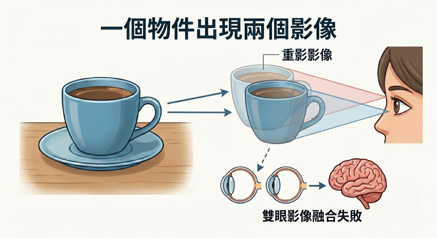 一個物件出現兩個影像的重影複視示意圖